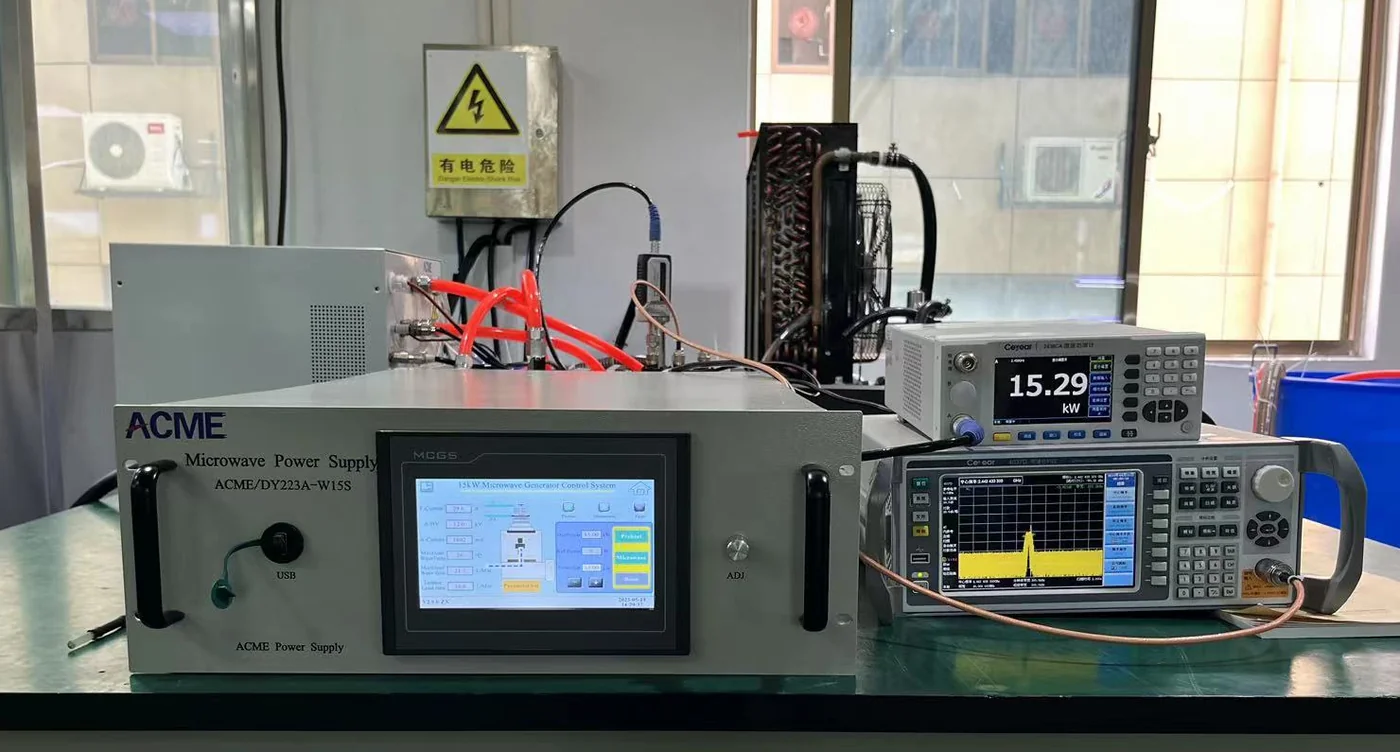 15 kW microwave generator functional test with HMI and measurement instruments