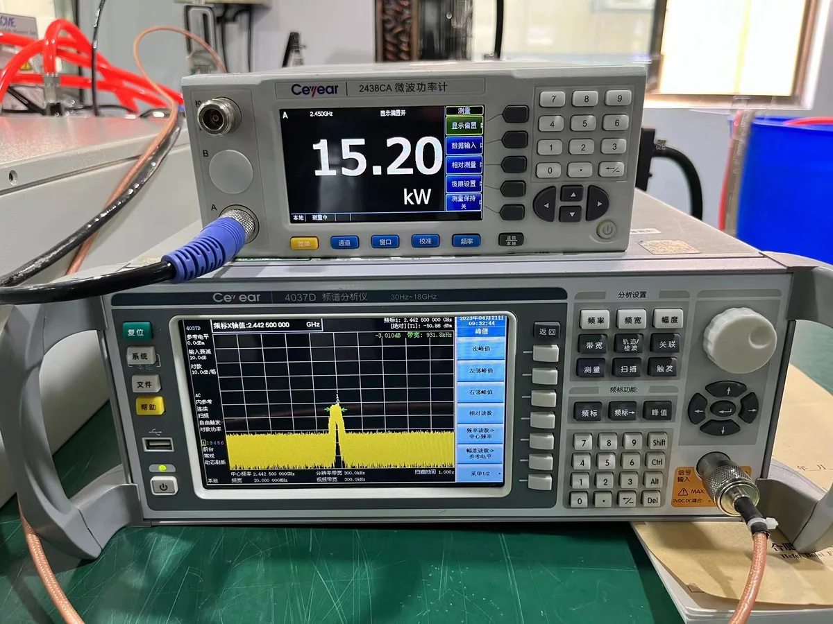 Microwave generator power and spectrum measurement instruments during testing