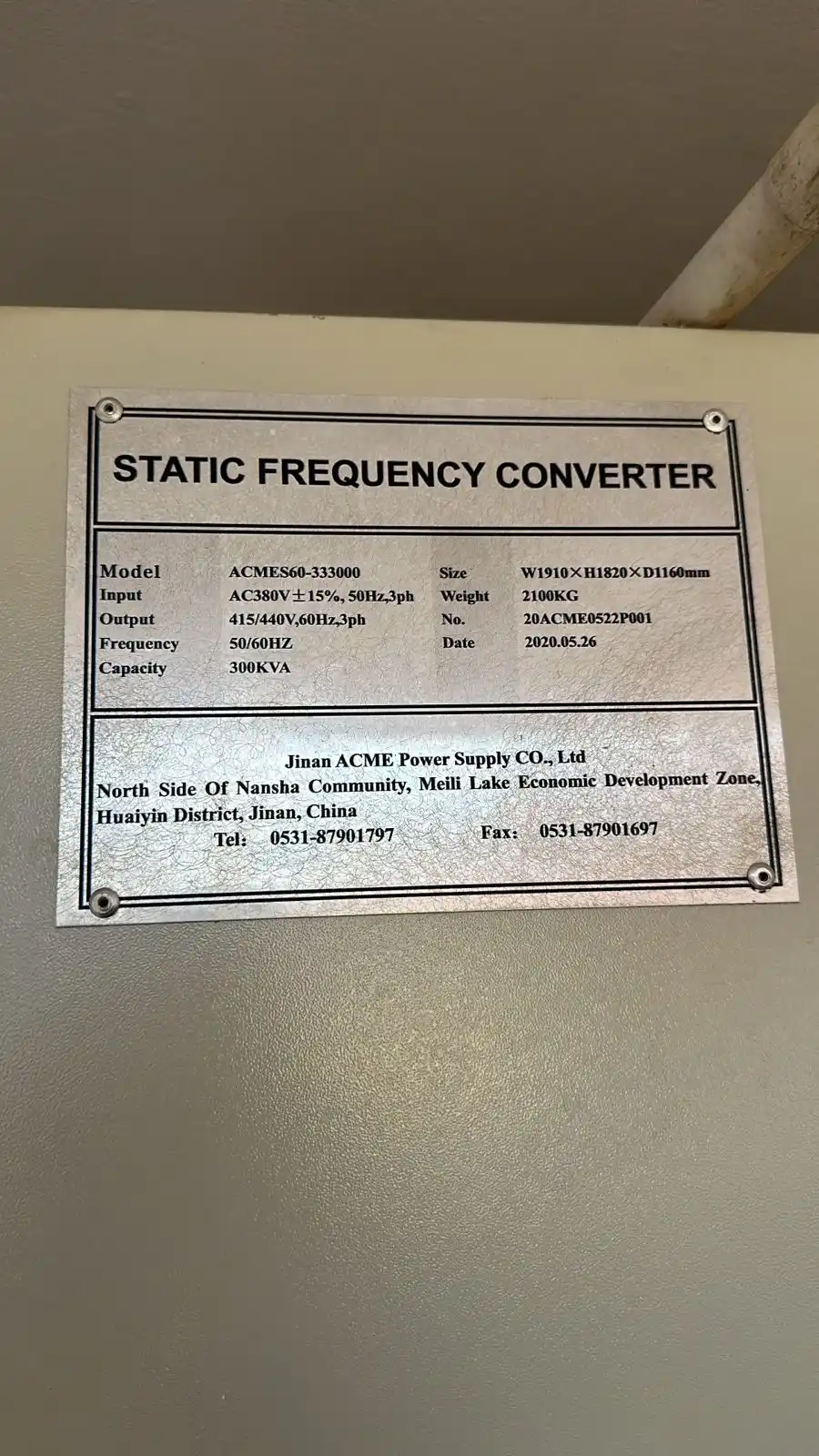 300 kVA static frequency converter nameplate