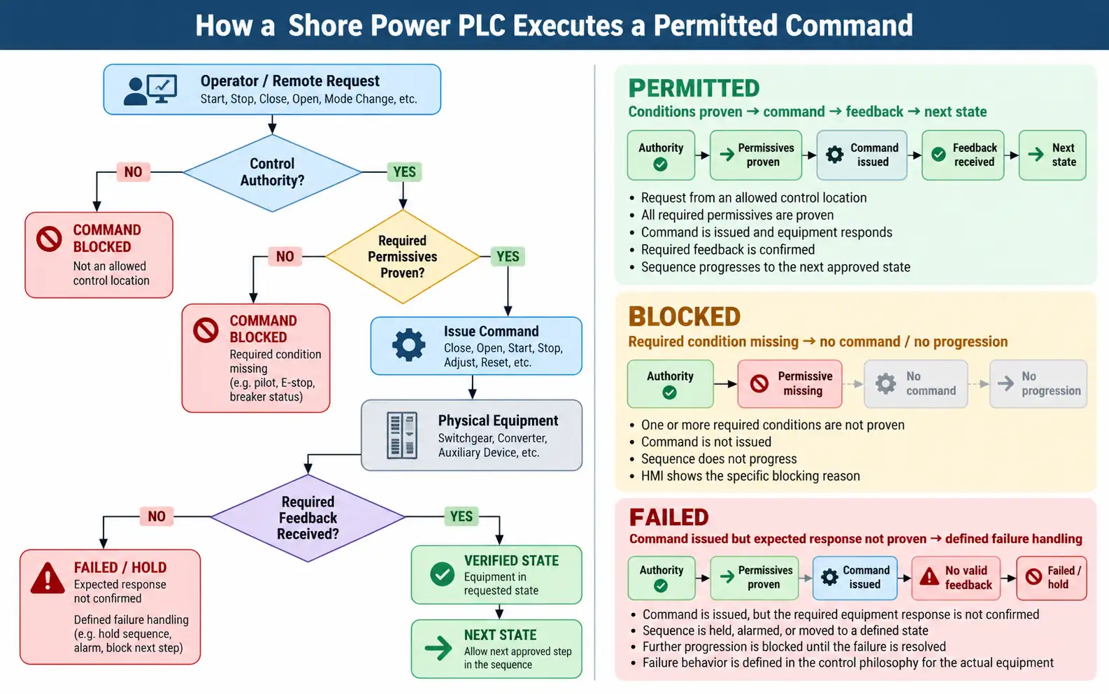 Shore power PLC permitted command logic showing authority permissives feedback and next state