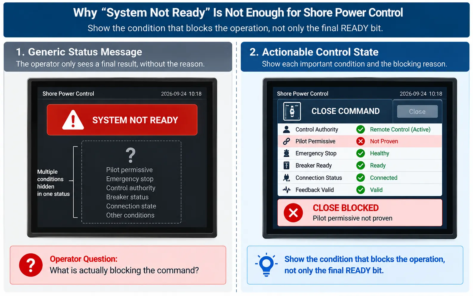 Shore power HMI showing specific blocked permissive instead of generic system not ready status