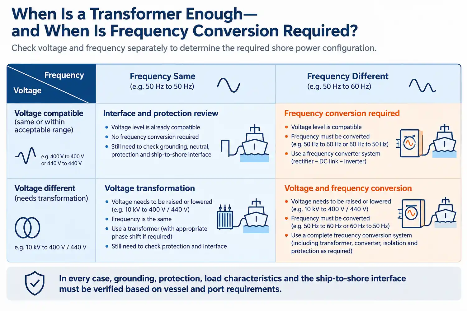 Transformer vs Frequency Converter Decision Matrix for Shore Power Decision matrix showing when shore power needs voltage transformation or frequency conversion