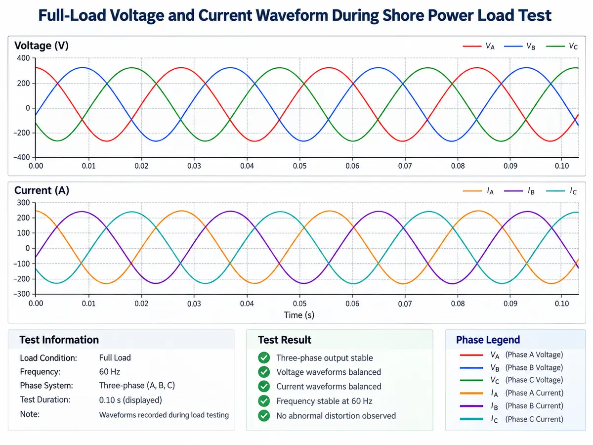 Full-load voltage and current waveform during shore power load testing