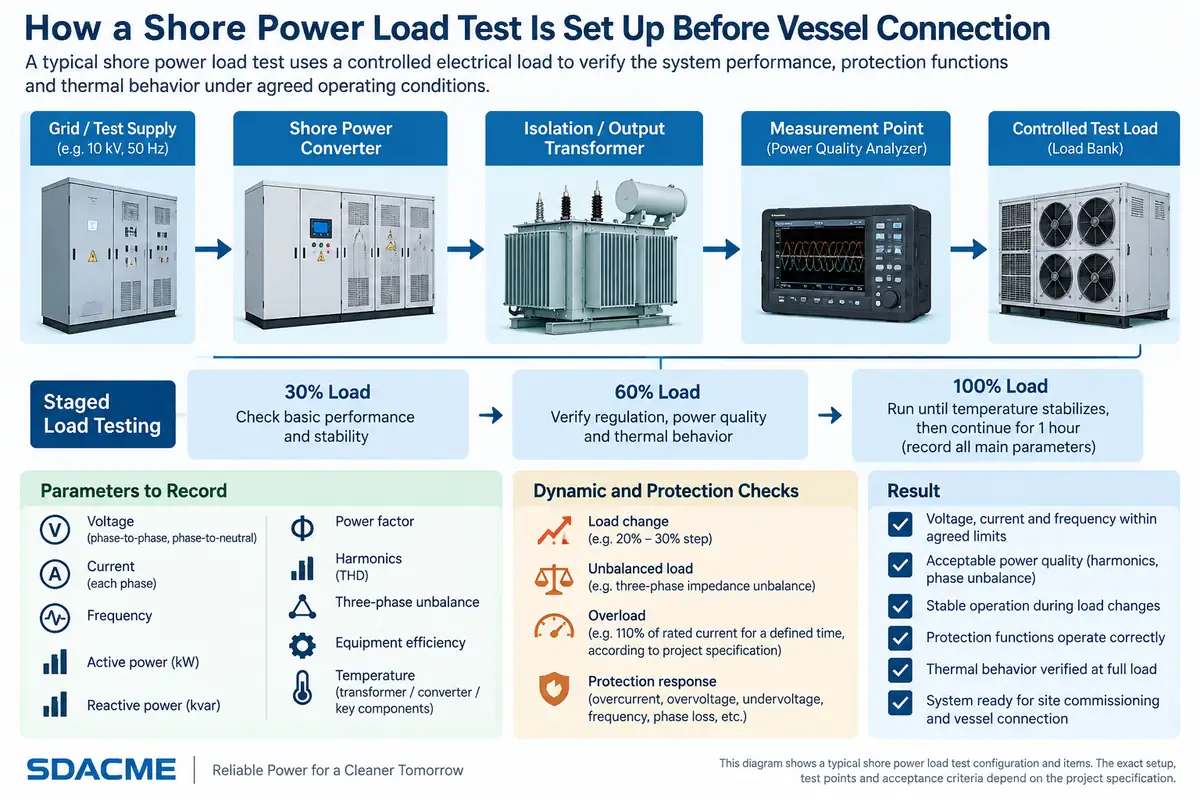 Shore power load test setup before vessel connection
