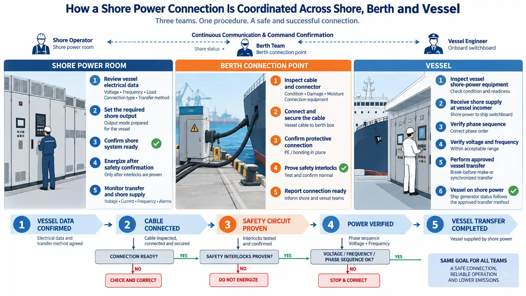 Shore power connection sequence across shore power room, berth and vessel