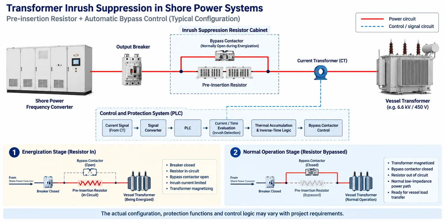 Shore power transformer inrush current pre-insertion resistor and automatic bypass control
