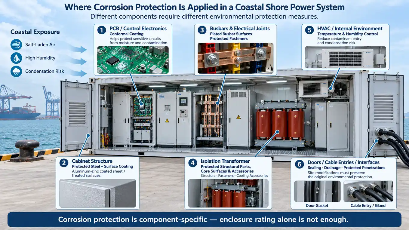 Corrosion protection points in a coastal shore power system including PCB coating, cabinets, busbars, transformer, HVAC and cable entries
