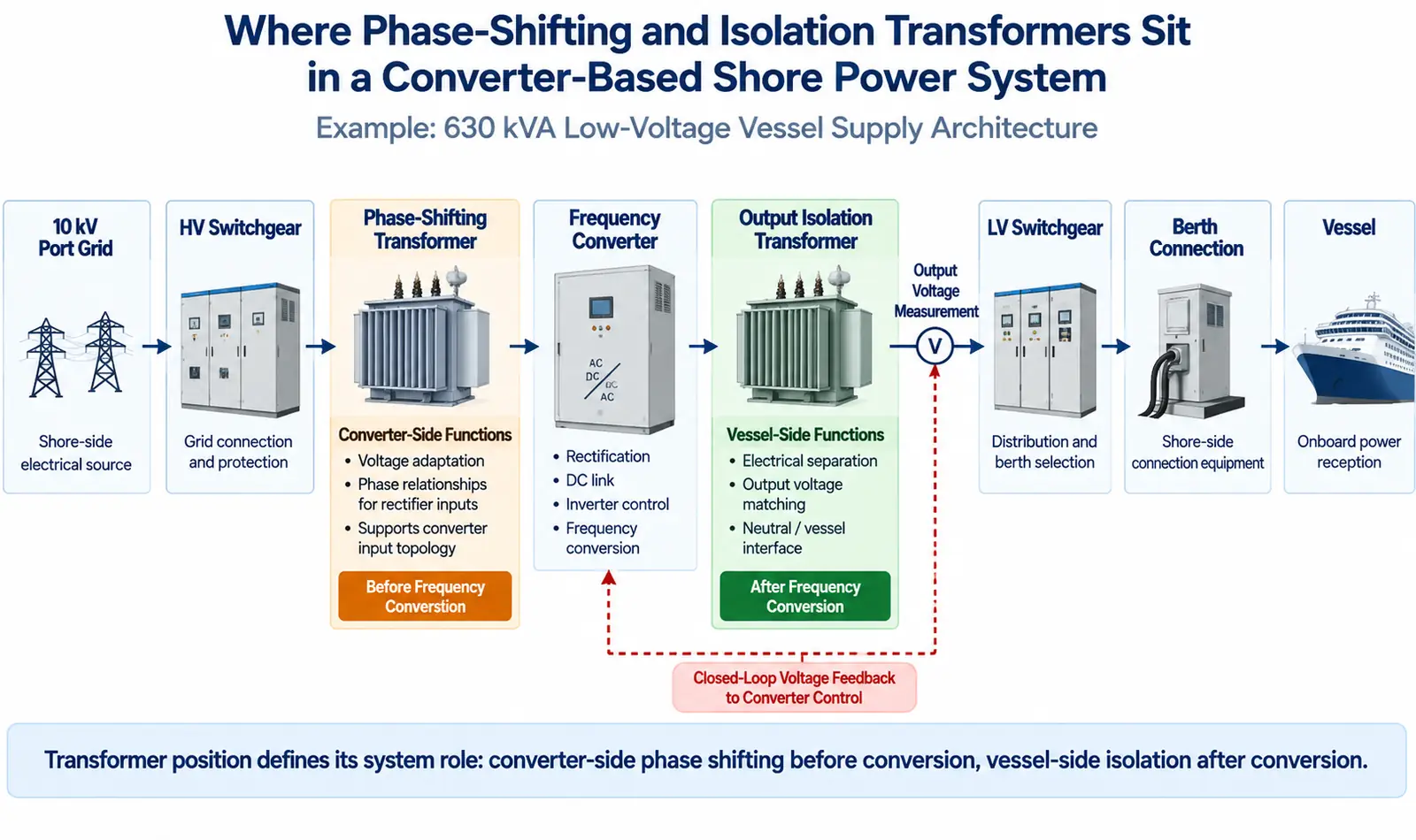 Phase-shifting and isolation transformer positions in a converter-based shore power system