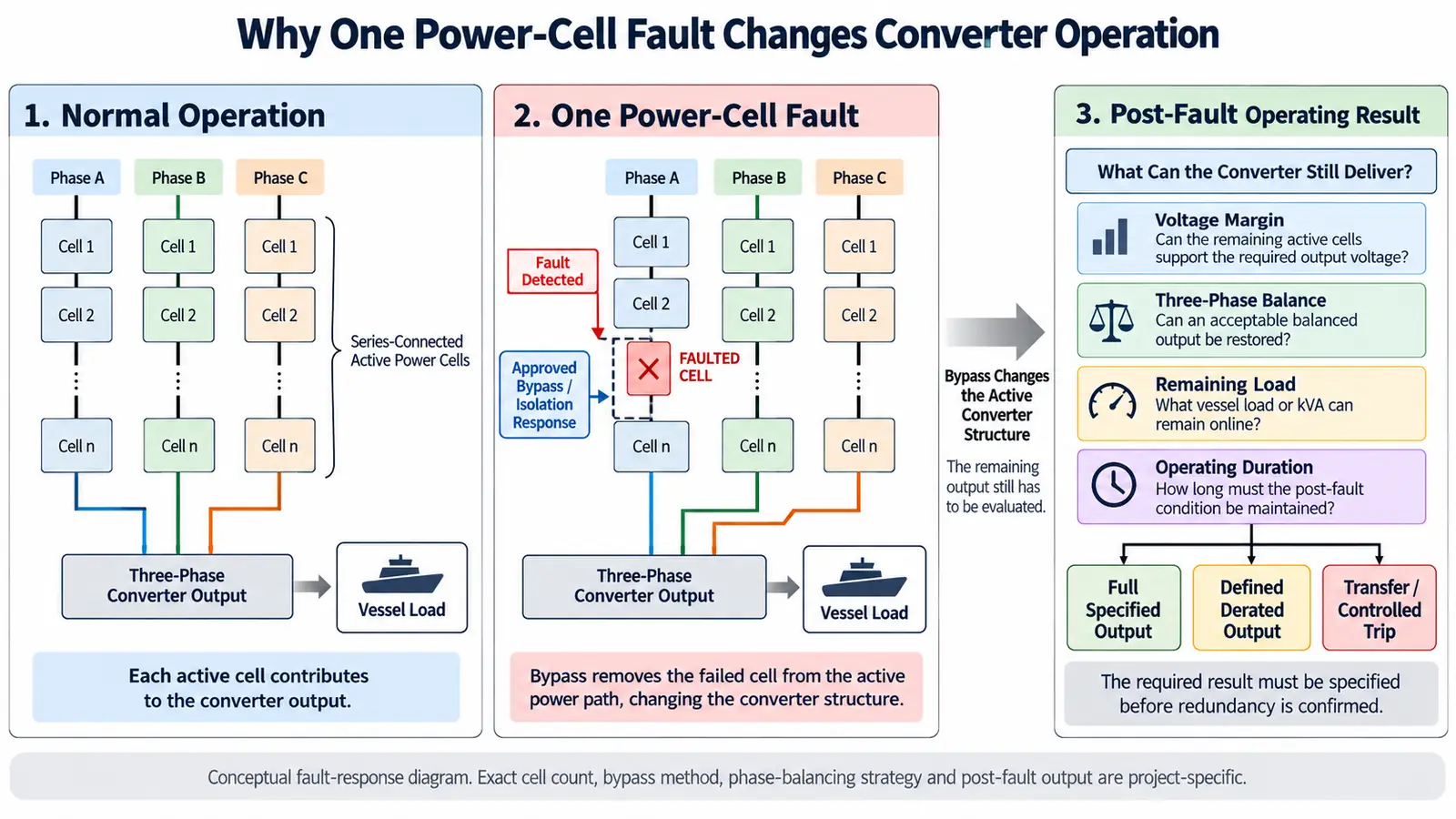 Power Cell Fault and Redundancy in a Shore Power Converter Shore power converter power cell fault bypass and post-fault redundancy logic
