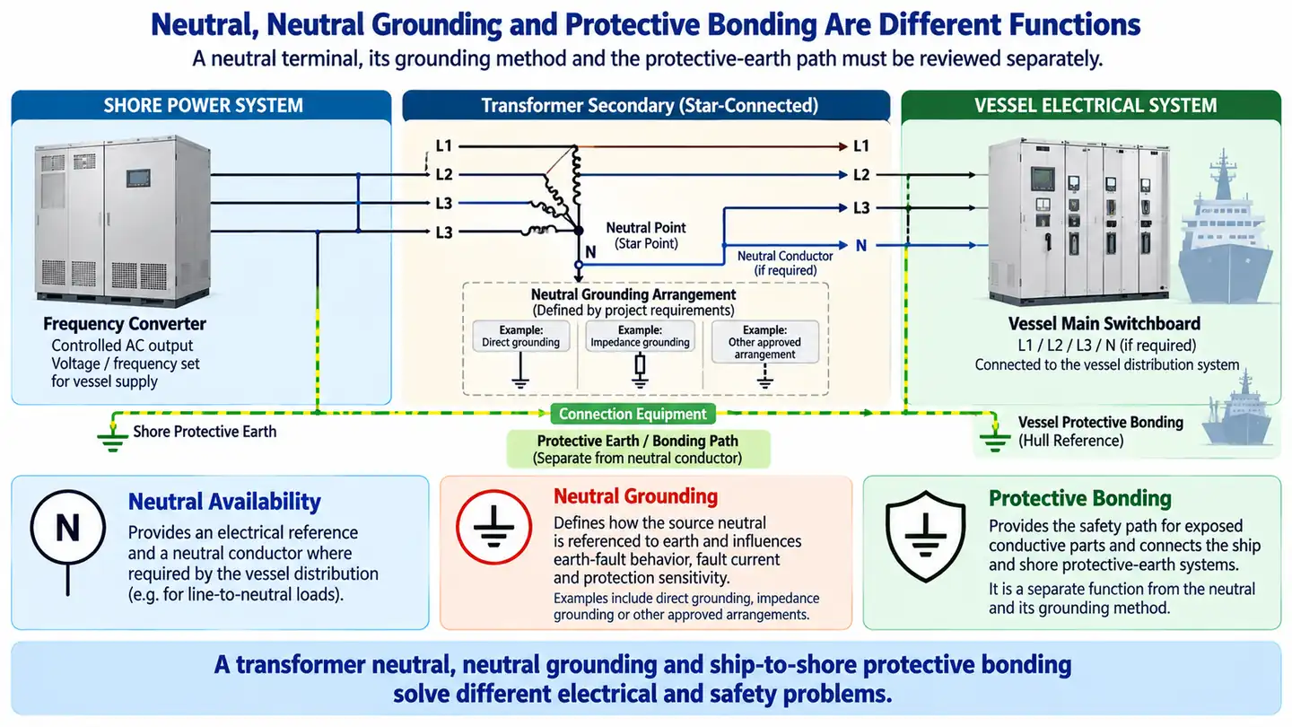 Shore power transformer neutral grounding and protective bonding shown as separate electrical functions
