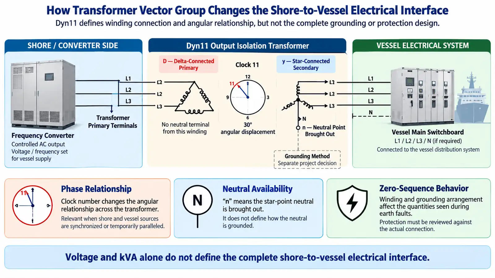 Dyn11 shore power transformer vector group showing phase relationship neutral availability and vessel interface