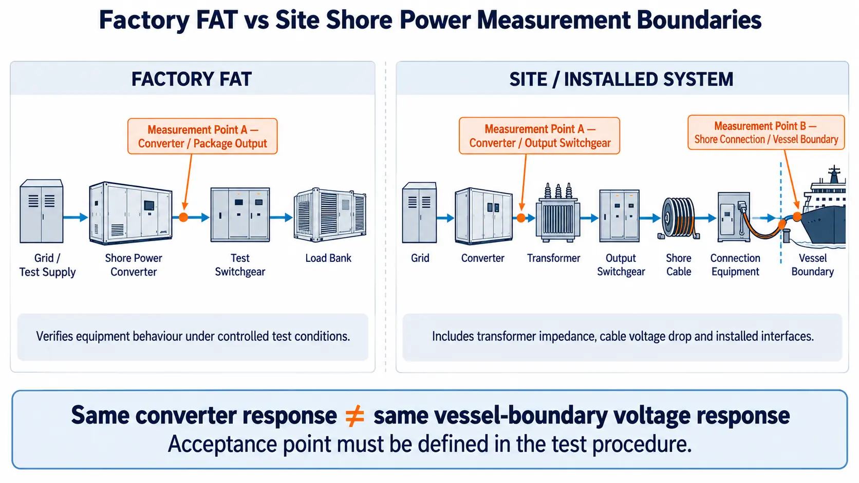 factory FAT versus site shore power measurement boundaries