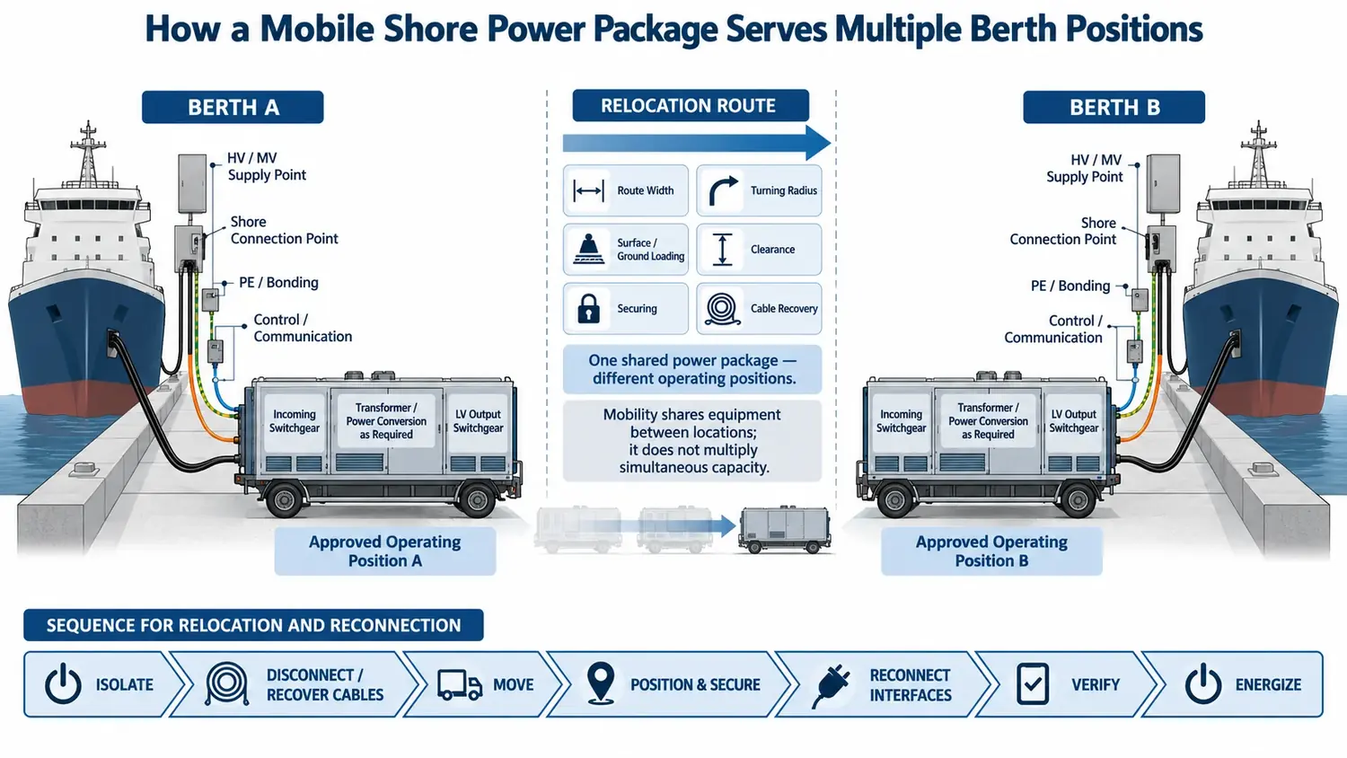 Mobile shore power package moving between berth positions with repeated electrical and control interfaces