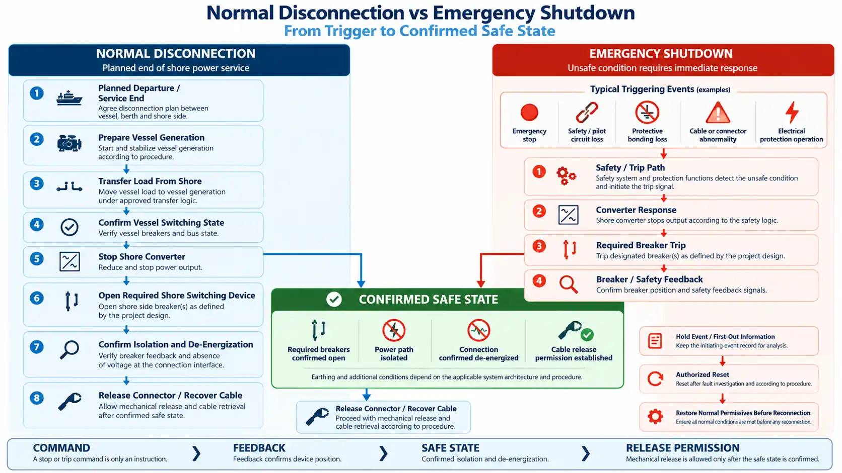 shore power normal disconnection and emergency shutdown safe state