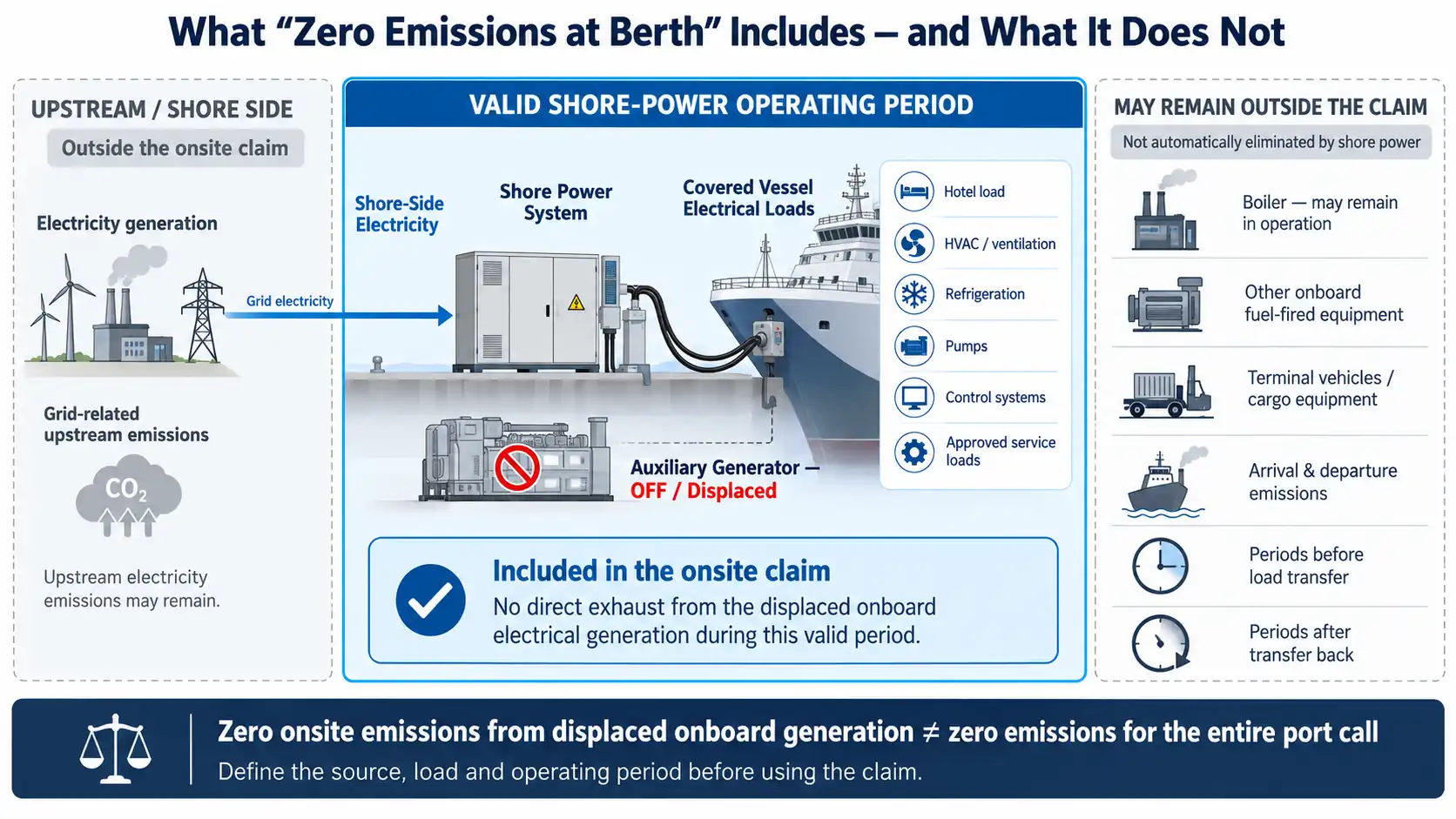 Zero Emissions at Berth Claim Boundary Zero emissions at berth boundary showing displaced generators and remaining emission sources