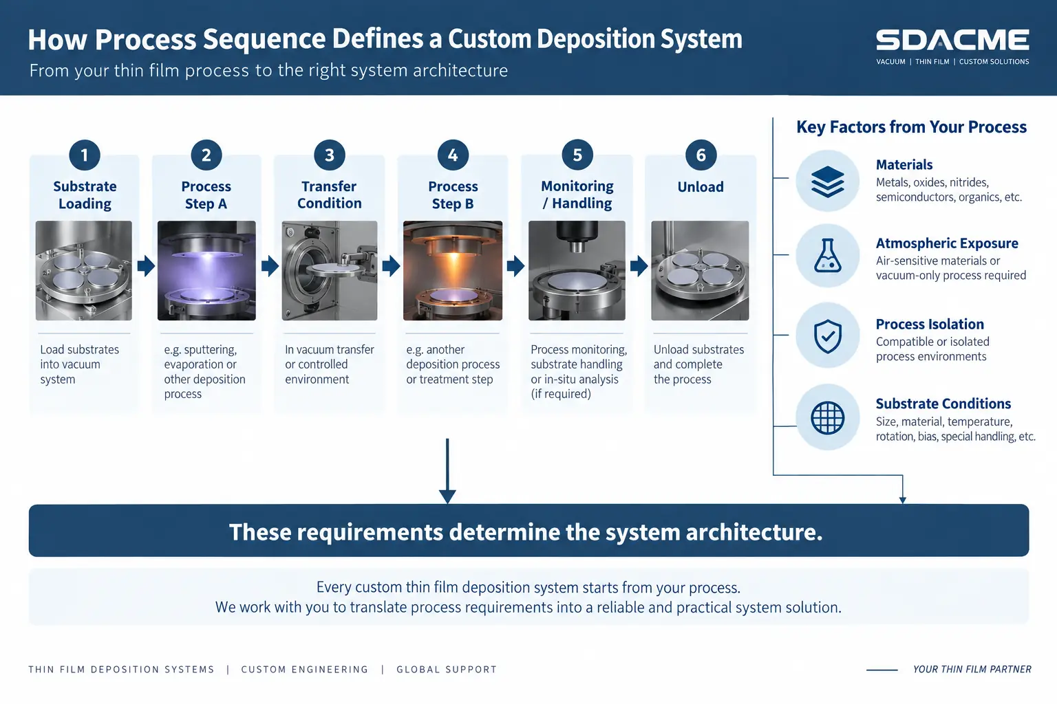 Process sequence defining the architecture of a custom thin film deposition system