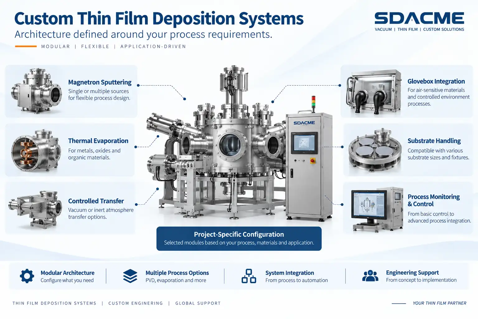 Custom thin film deposition system architecture with vacuum chamber and control cabinet