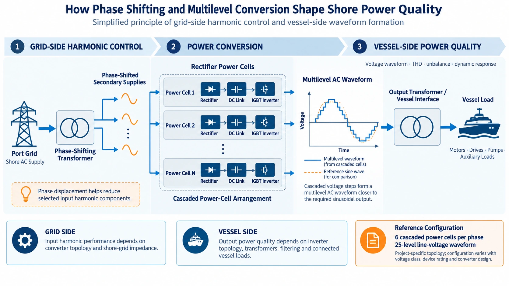 shore power phase shifting transformer and multilevel converter harmonic control principle