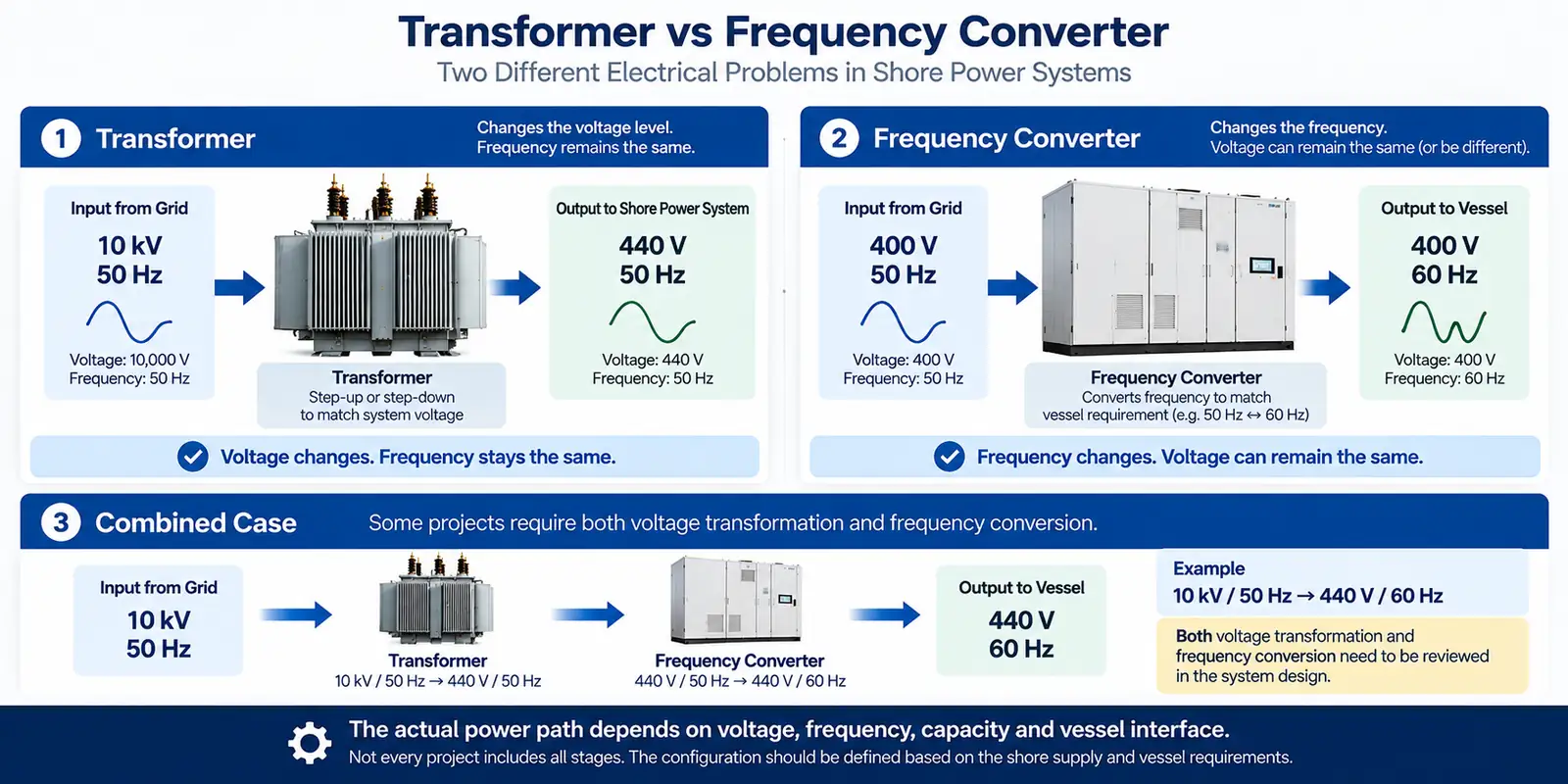 Transformer versus frequency converter in a commercial shore power system
