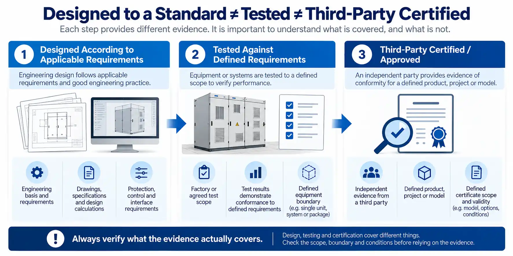 Difference between designed to an applicable standard tested against specific requirements and third-party certified shore power equipment