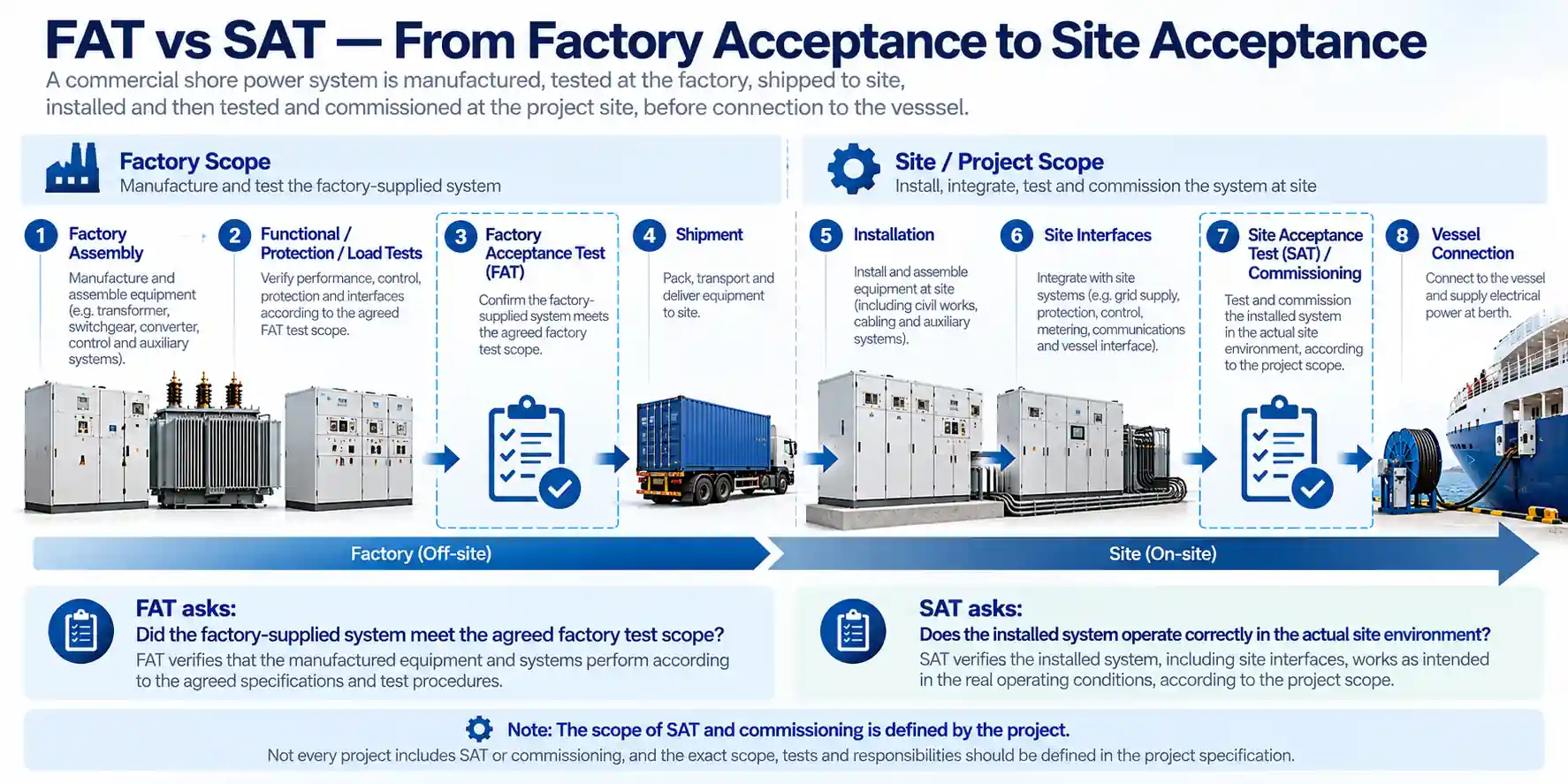 FAT versus SAT from factory acceptance before shipment to site acceptance after installation